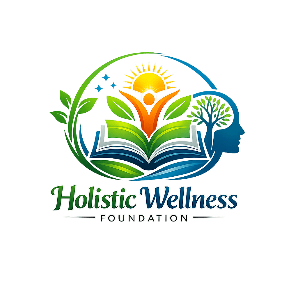 Holistic Wellness Foundation logo featuring an open book, sunrise, person, leaves, tree, and profile silhouette